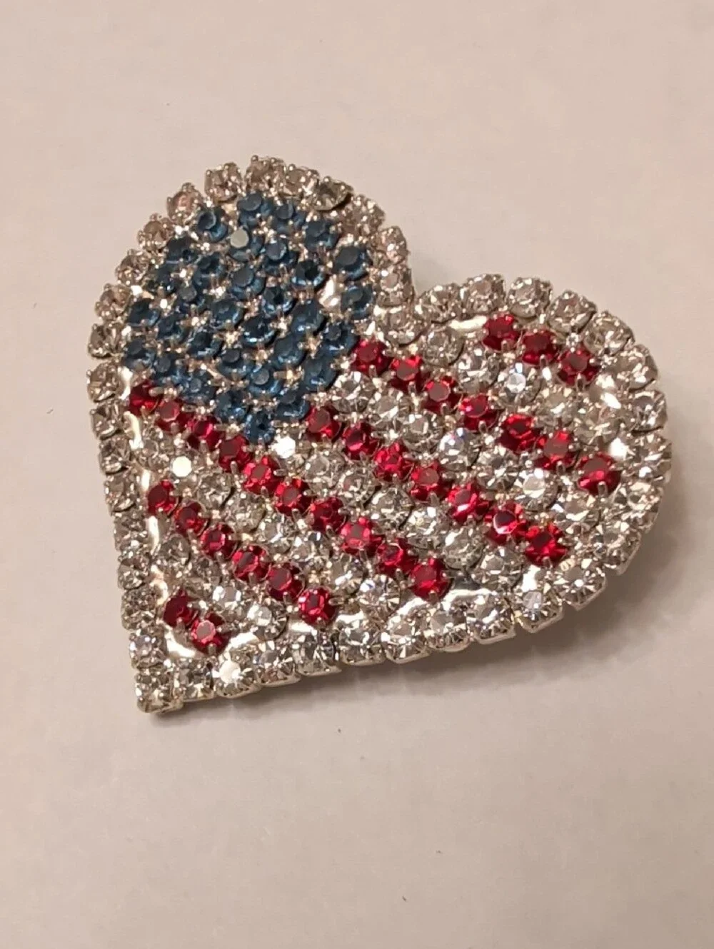 Crystal American Flag Heart Brooch - Red, Blue & Silver